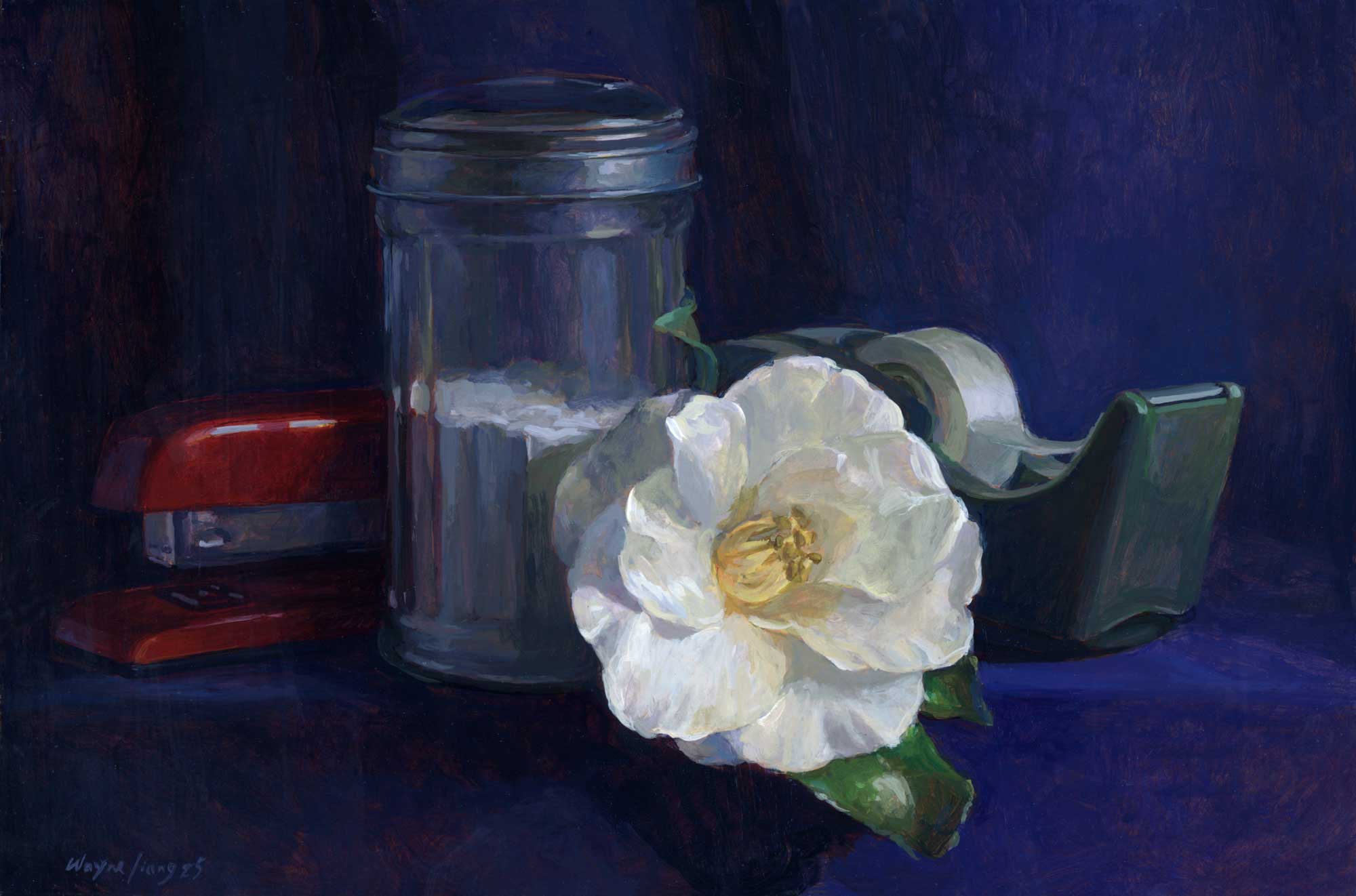 132. White Camellia, Sugar Shaker, Tape Dispenser & Red Stapler