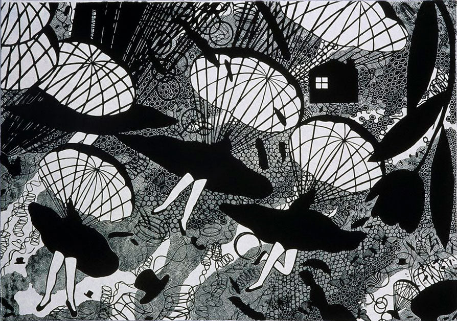 17. Untitled (parachute girls lino cut)