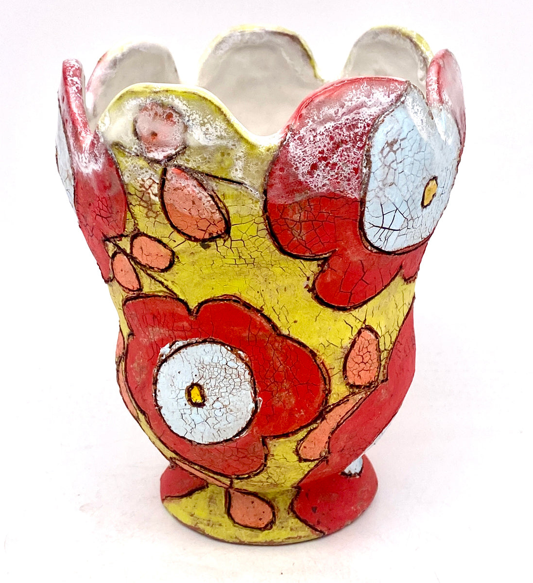 402. Chartruse vase with red flowers, coral leaves, curvey rim