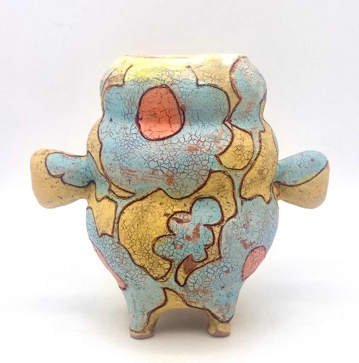 405. Deep yellow with jade flowers, legs, stuffed handles