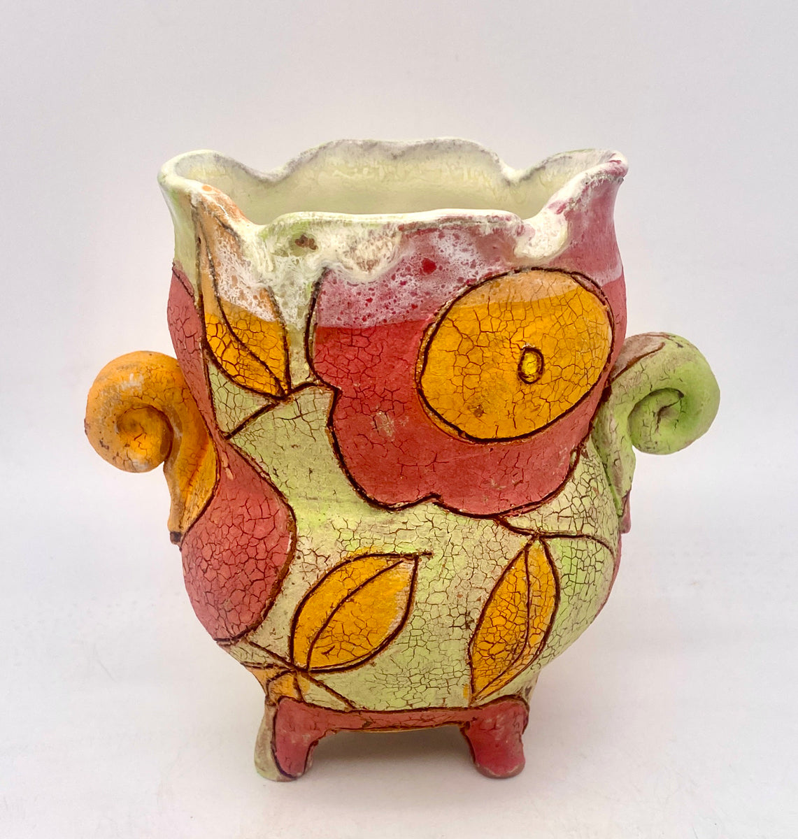 407. Lime vase, red flowers, orange leaves, curly handles, legs