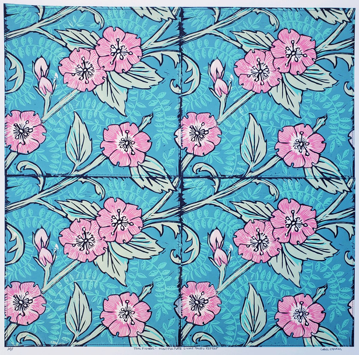 143. Teal Flowers 4 Plex (unframed)